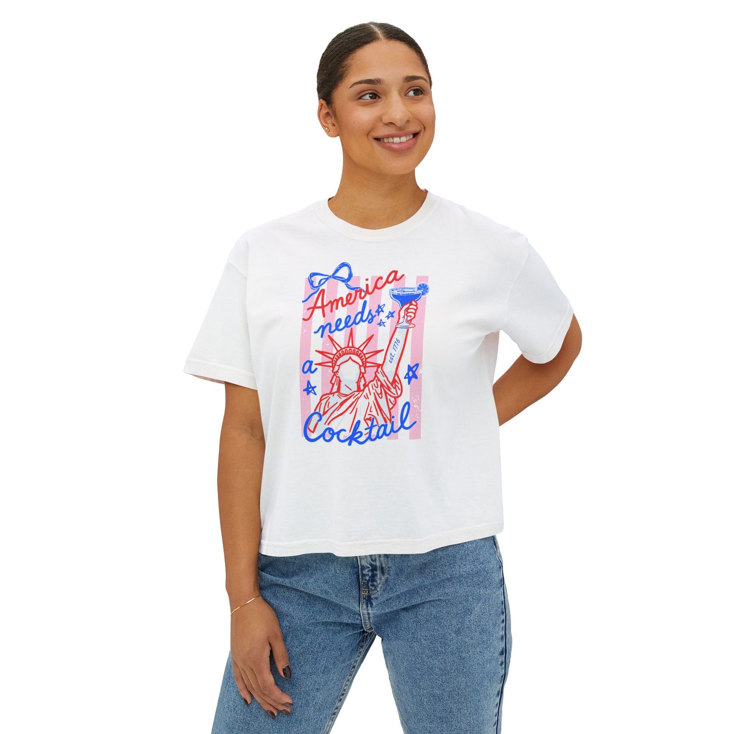 Patriotic Cocktail Boxy Tee, Fourth of July Cropped Shirt, America Summer Graphic Tee, Trendy USA Shirt, Retro Cocktail Shirt, Boxy Tee