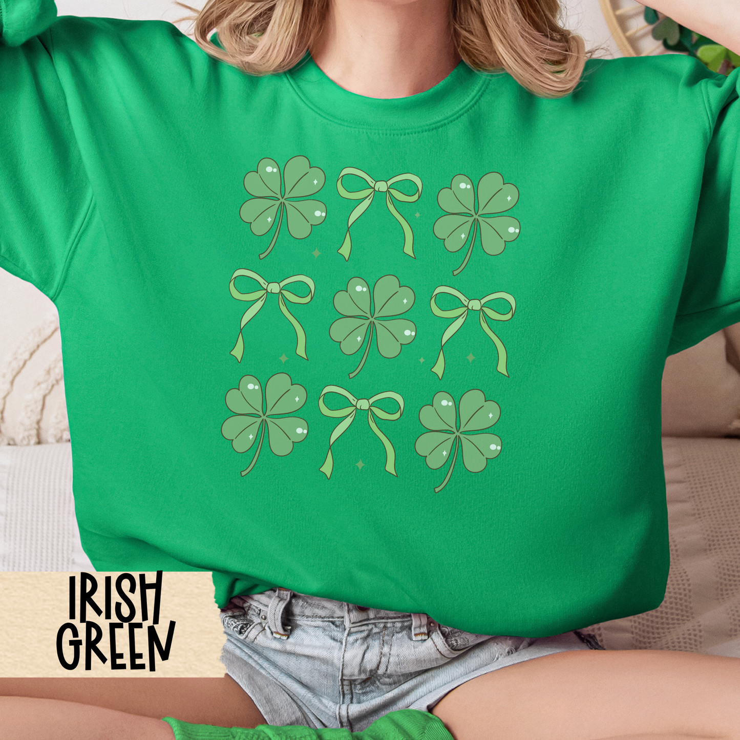 St Patrick's Day Sweatshirt, Irish Crewneck, Shamrock, Coquette, Bows, Sweatshirt, St Patty's Day Jumper, Green Pullover, Luck of the Irish
