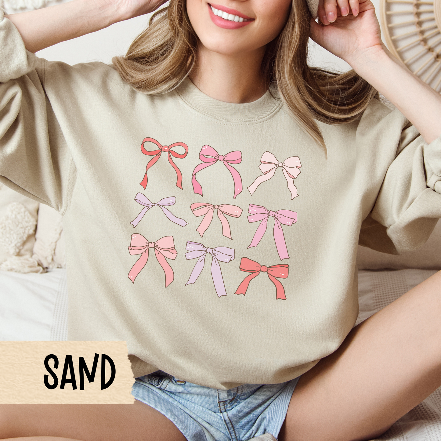 Coquette Valentine Sweatshirt, Bows, Ribbons, Valentine Crewneck - Unisex Sweatshirt, Valentine's Day Gift, Heart Print Jumper, Love Theme