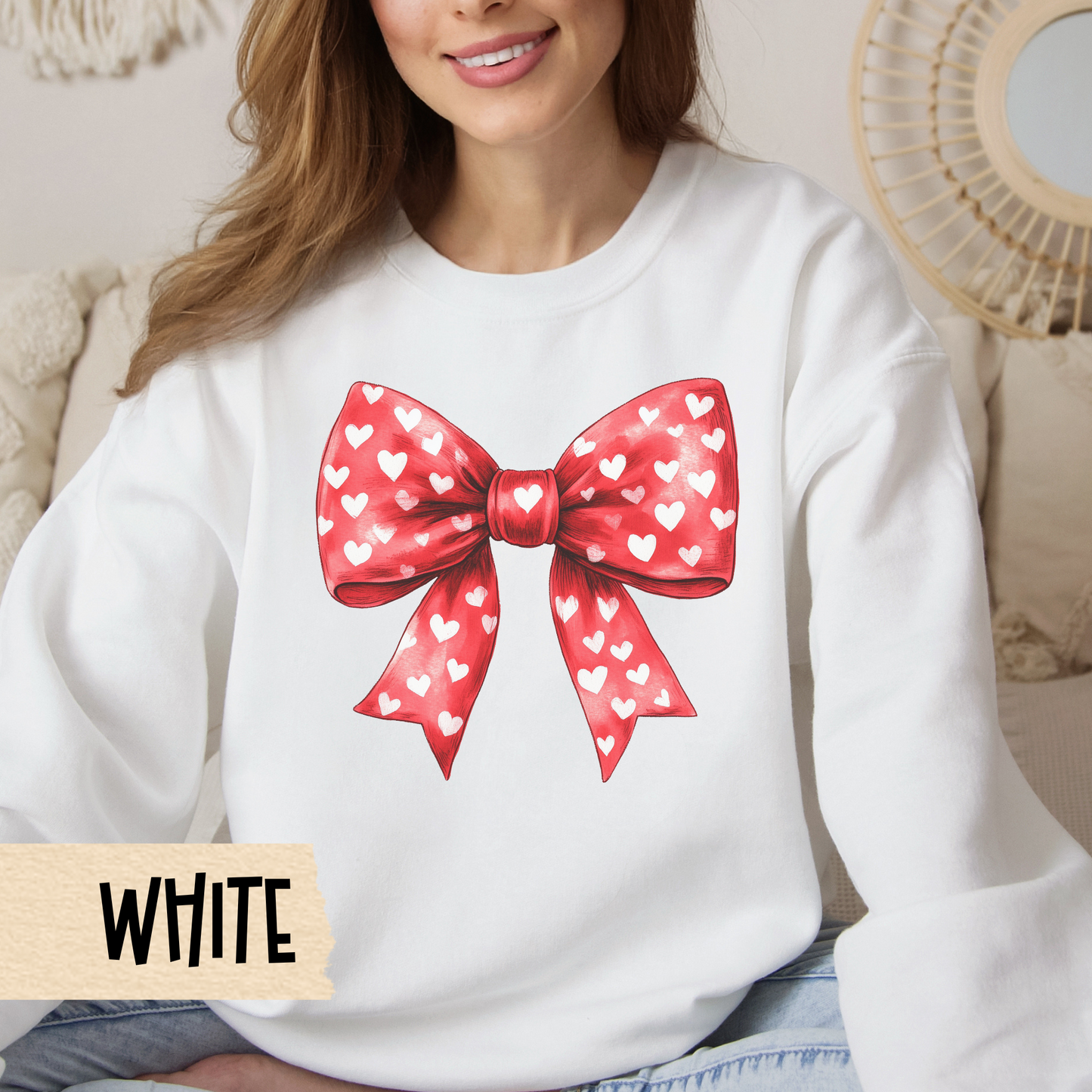 Coquette Bow Valentine Unisex Sweatshirt, Red Bow Galentine Crewneck, Cute Heart Shirt, Love Gift for Her, Women's Casual Apparel