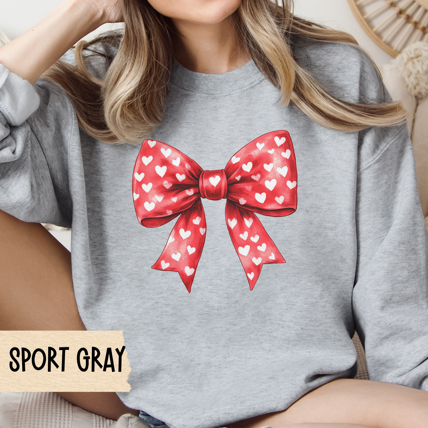 Coquette Bow Valentine Unisex Sweatshirt, Red Bow Galentine Crewneck, Cute Heart Shirt, Love Gift for Her, Women's Casual Apparel