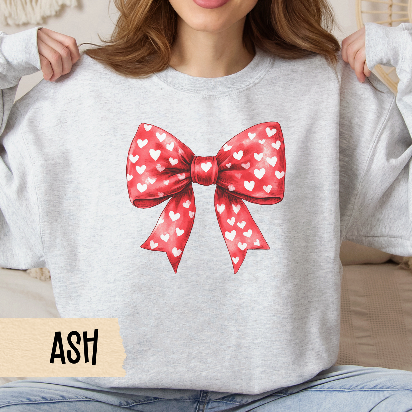 Coquette Bow Valentine Unisex Sweatshirt, Red Bow Galentine Crewneck, Cute Heart Shirt, Love Gift for Her, Women's Casual Apparel