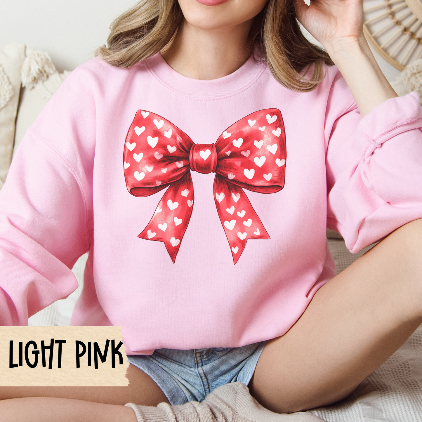 Coquette Bow Valentine Unisex Sweatshirt, Red Bow Galentine Crewneck, Cute Heart Shirt, Love Gift for Her, Women's Casual Apparel