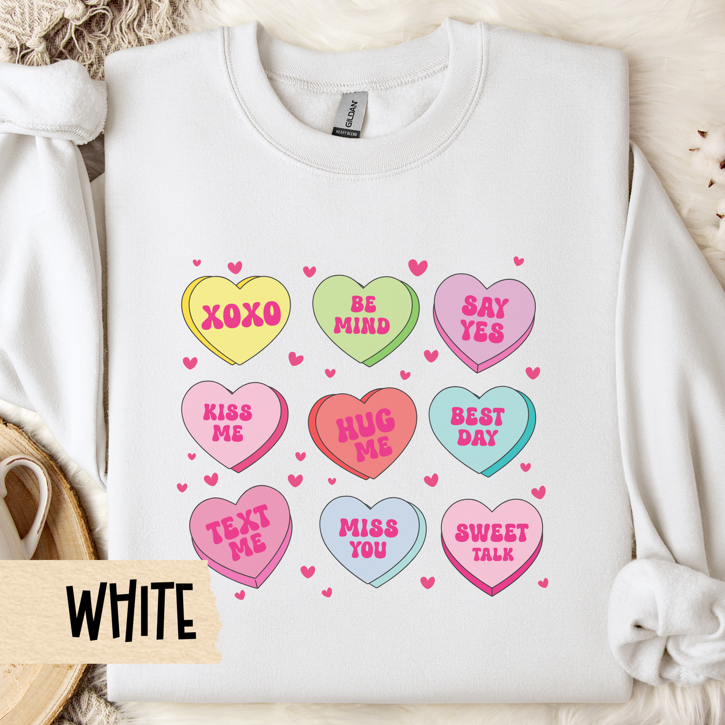 Candy Heart Crewneck Sweatshirt, Conversation Hearts Jumper, Valentine's Day Sweater, Love Theme Pullover, Romantic Sweatshirt Gift