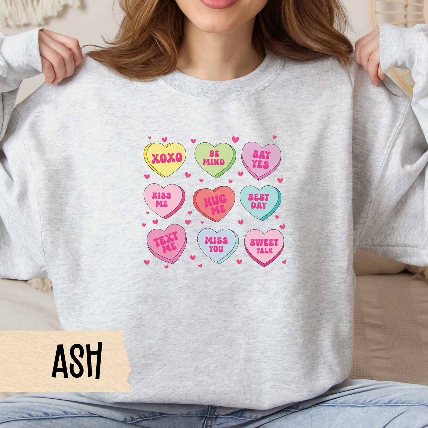 Candy Heart Crewneck Sweatshirt, Conversation Hearts Jumper, Valentine's Day Sweater, Love Theme Pullover, Romantic Sweatshirt Gift