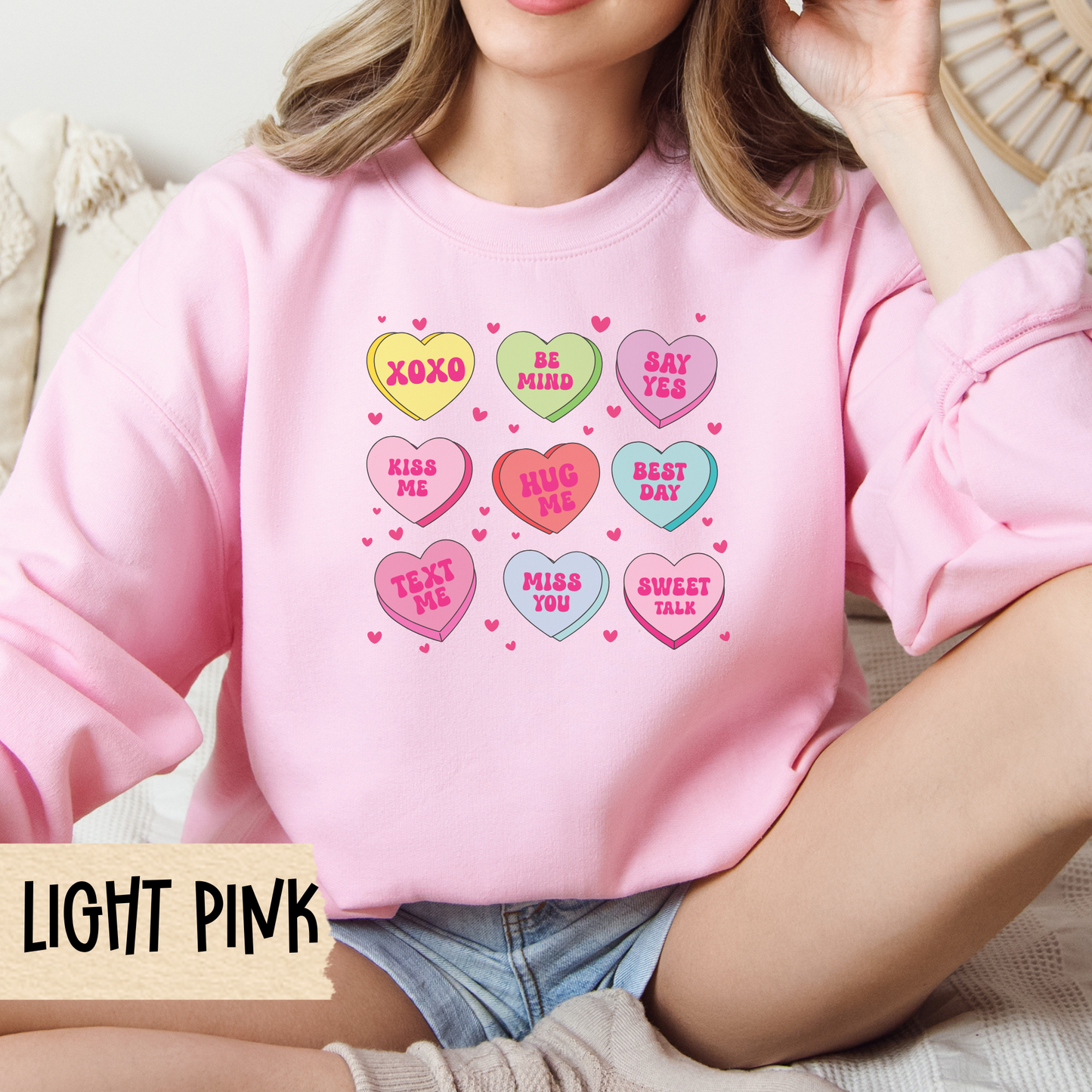 Candy Heart Crewneck Sweatshirt, Conversation Hearts Jumper, Valentine's Day Sweater, Love Theme Pullover, Romantic Sweatshirt Gift