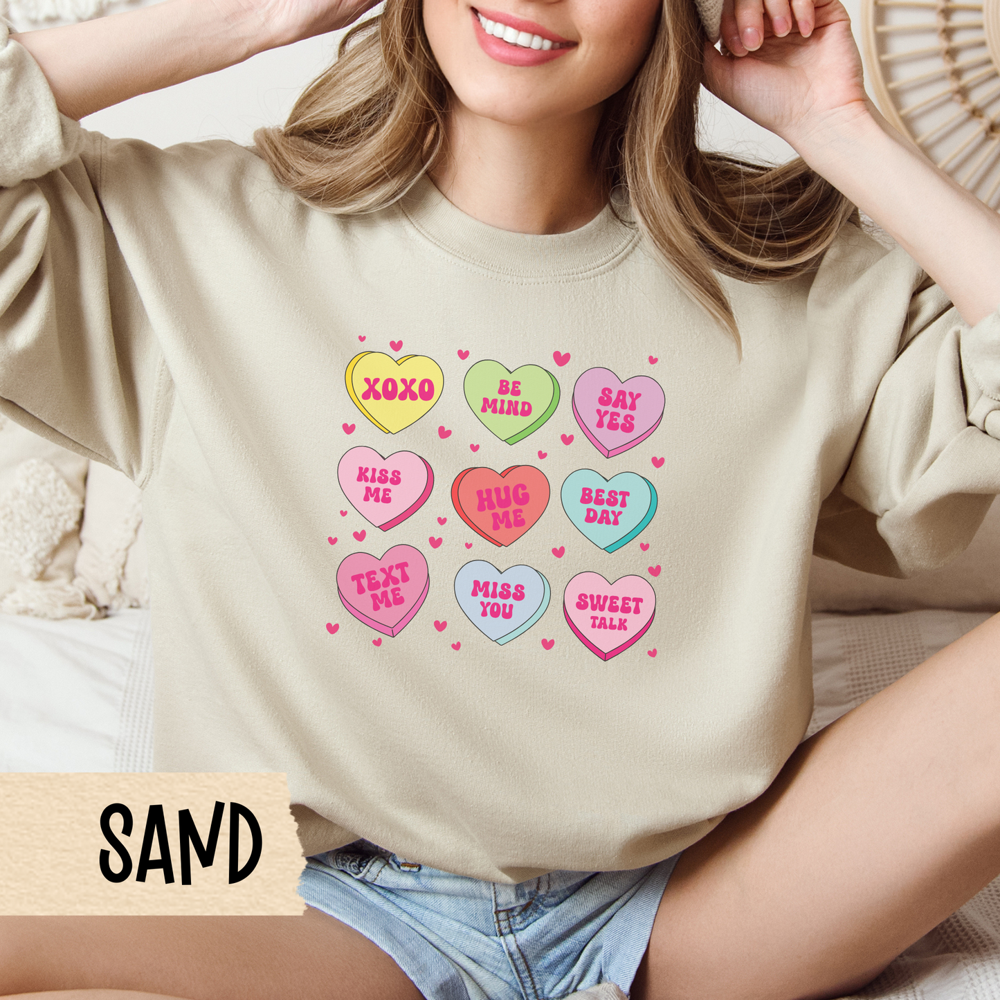 Candy Heart Crewneck Sweatshirt, Conversation Hearts Jumper, Valentine's Day Sweater, Love Theme Pullover, Romantic Sweatshirt Gift