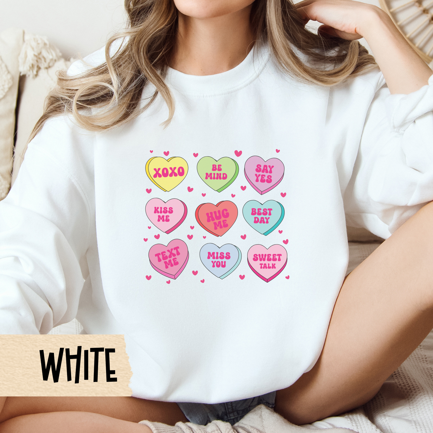 Candy Heart Crewneck Sweatshirt, Conversation Hearts Jumper, Valentine's Day Sweater, Love Theme Pullover, Romantic Sweatshirt Gift