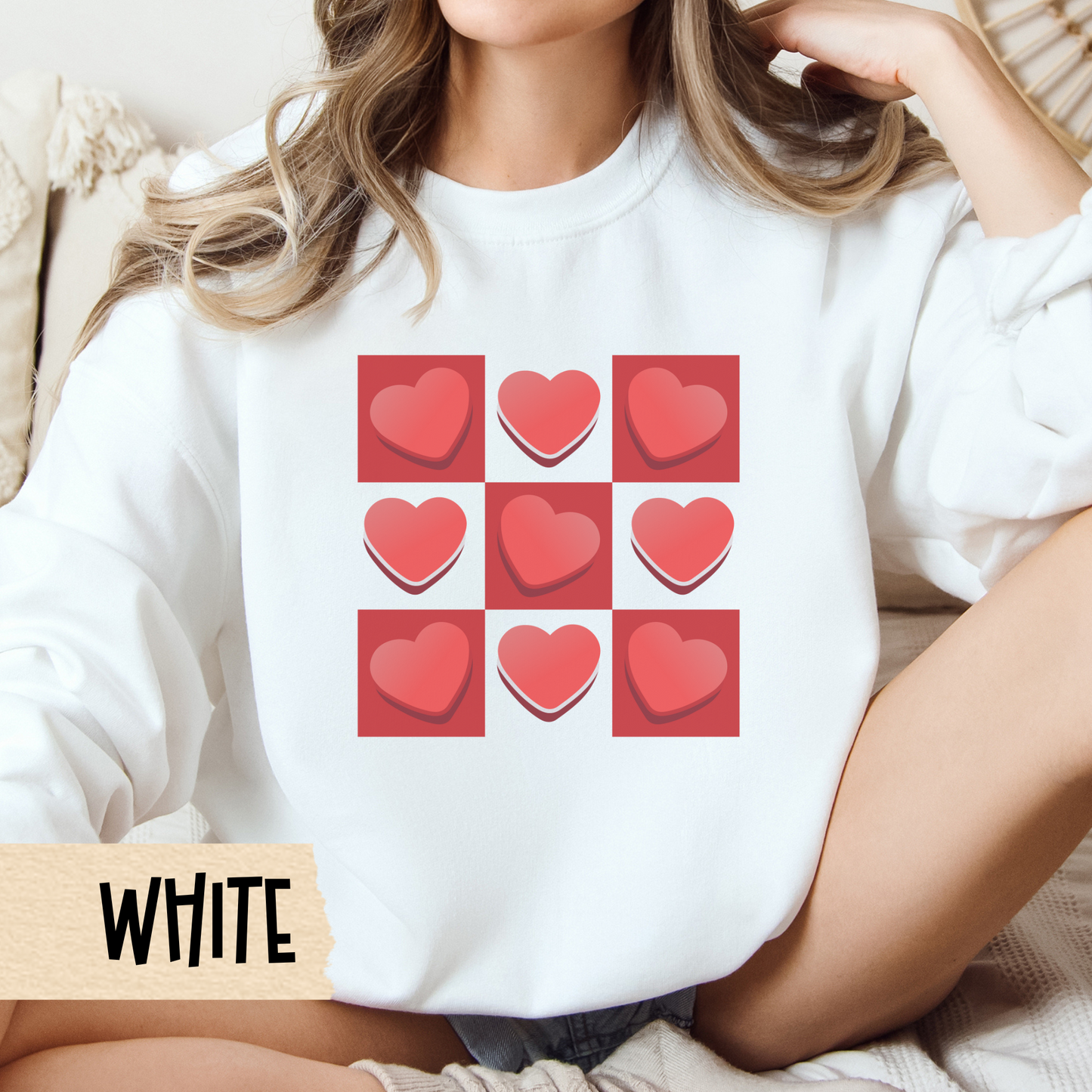Checkerboard Retro Valentine Unisex Crewneck Sweatshirt, Valentines Day Gift, Valentine's Sweater, Heart Pattern Jumper, Vintage Valentine