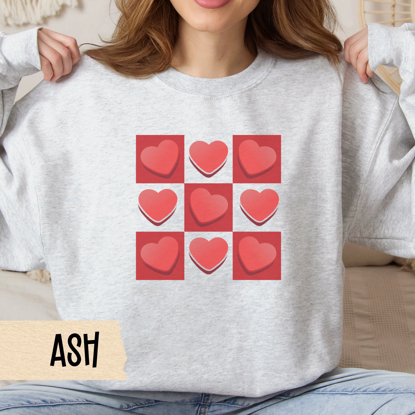 Checkerboard Retro Valentine Unisex Crewneck Sweatshirt, Valentines Day Gift, Valentine's Sweater, Heart Pattern Jumper, Vintage Valentine