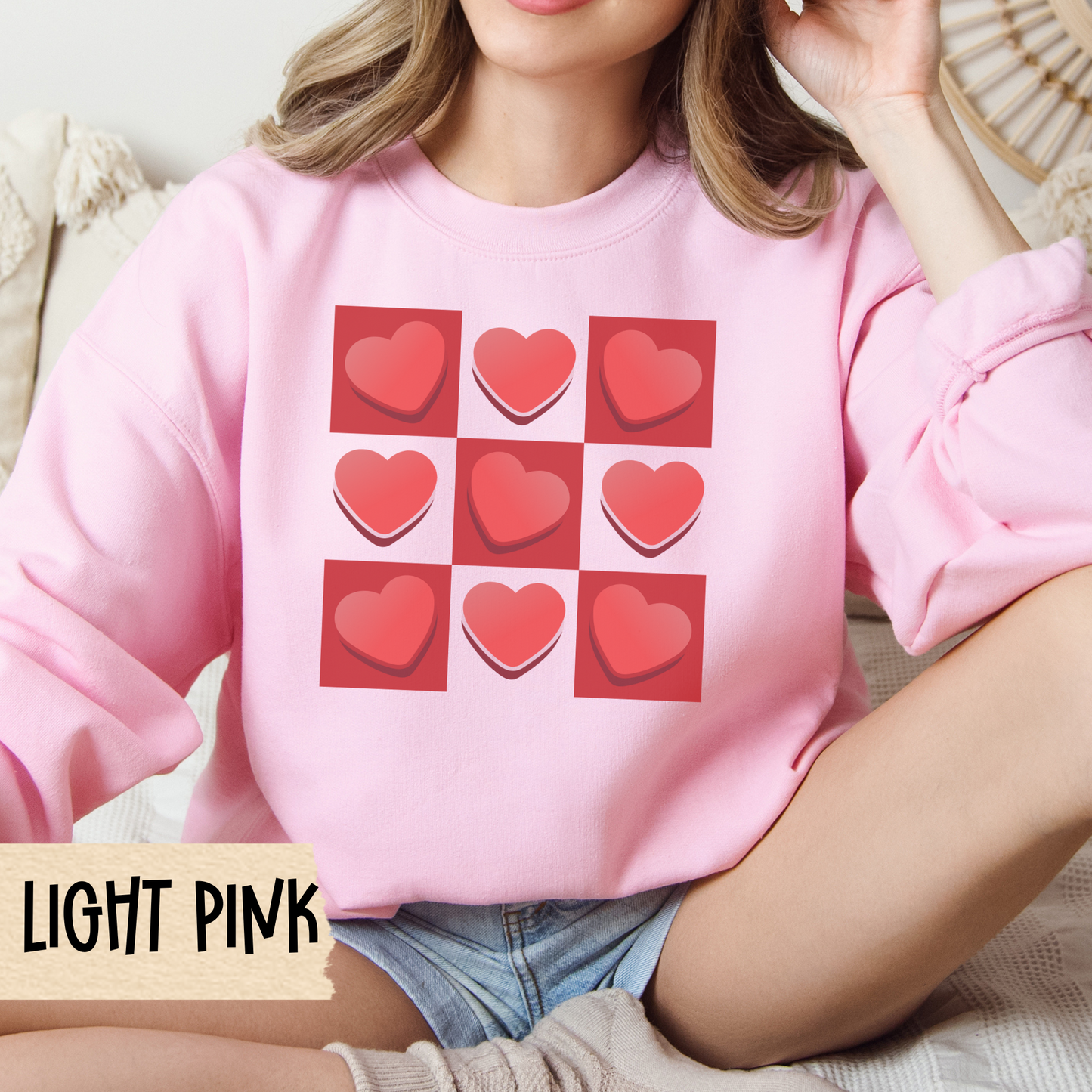 Checkerboard Retro Valentine Unisex Crewneck Sweatshirt, Valentines Day Gift, Valentine's Sweater, Heart Pattern Jumper, Vintage Valentine