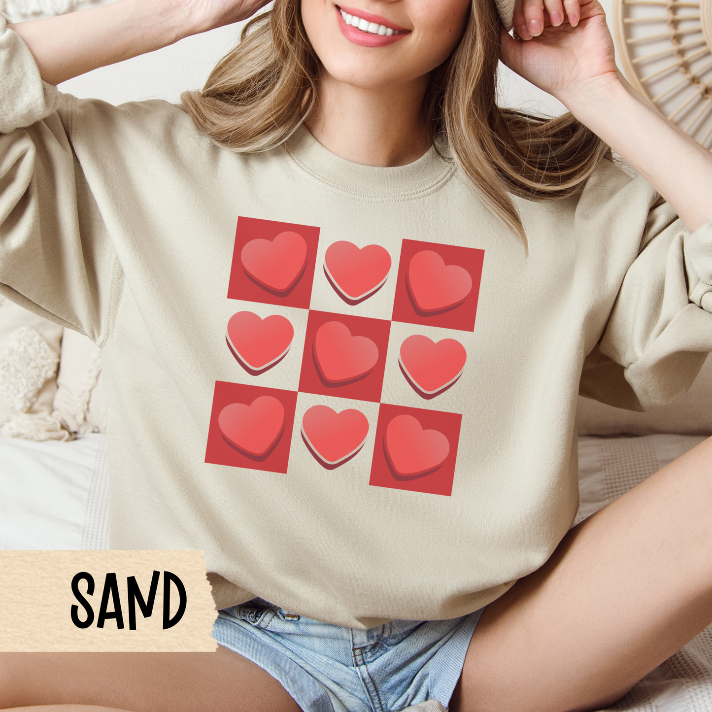 Checkerboard Retro Valentine Unisex Crewneck Sweatshirt, Valentines Day Gift, Valentine's Sweater, Heart Pattern Jumper, Vintage Valentine