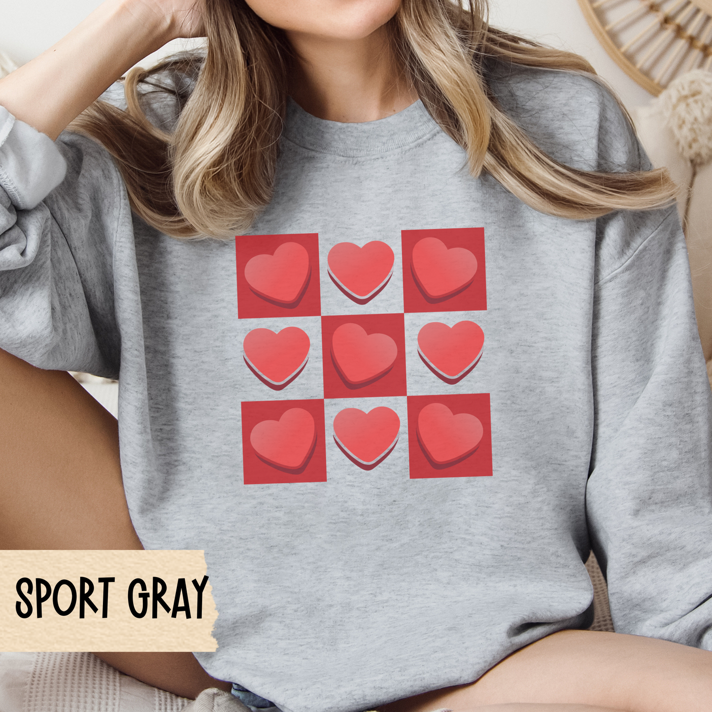 Checkerboard Retro Valentine Unisex Crewneck Sweatshirt, Valentines Day Gift, Valentine's Sweater, Heart Pattern Jumper, Vintage Valentine