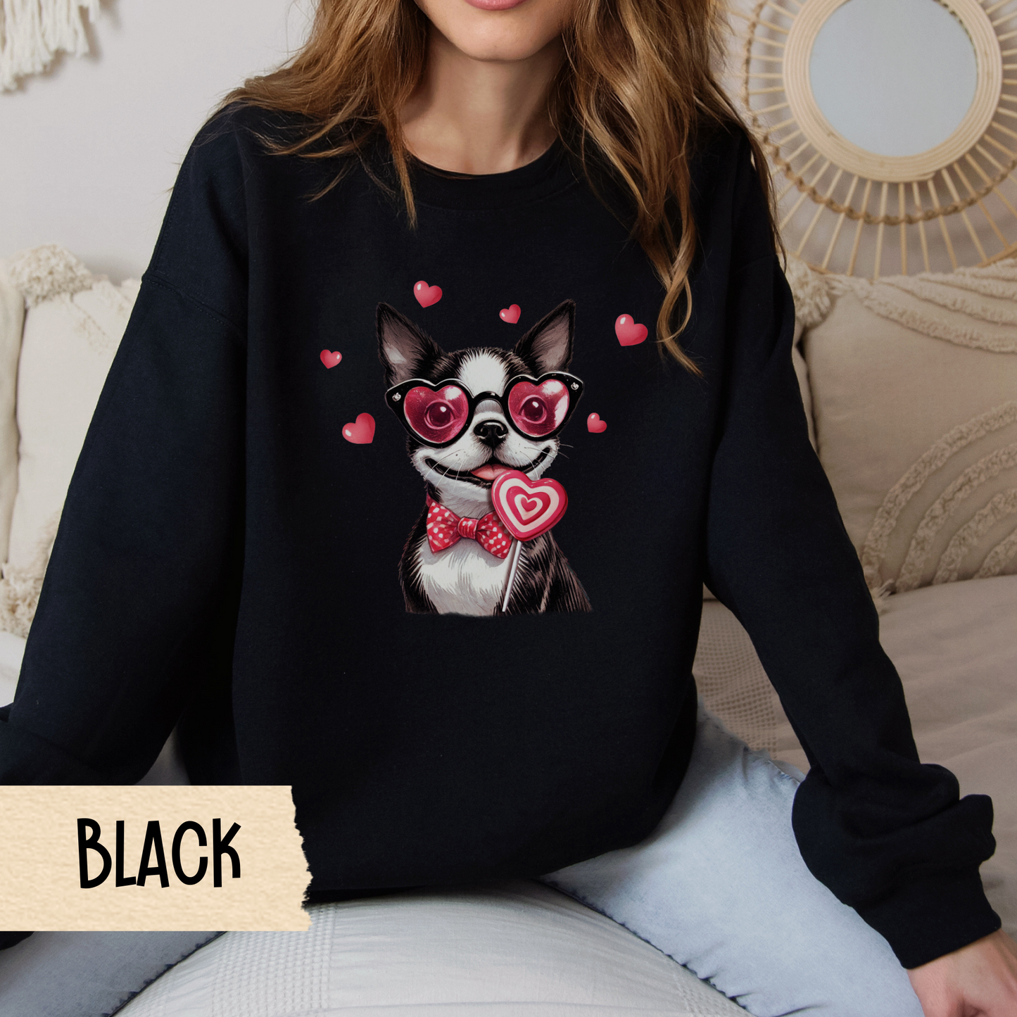 Valentine Crewneck Sweatshirt, Dog Lover Gift, Boston Terrier Shirt, Unisex Jumper, Dog Mom, Dog Dad, Cute Animal Apparel