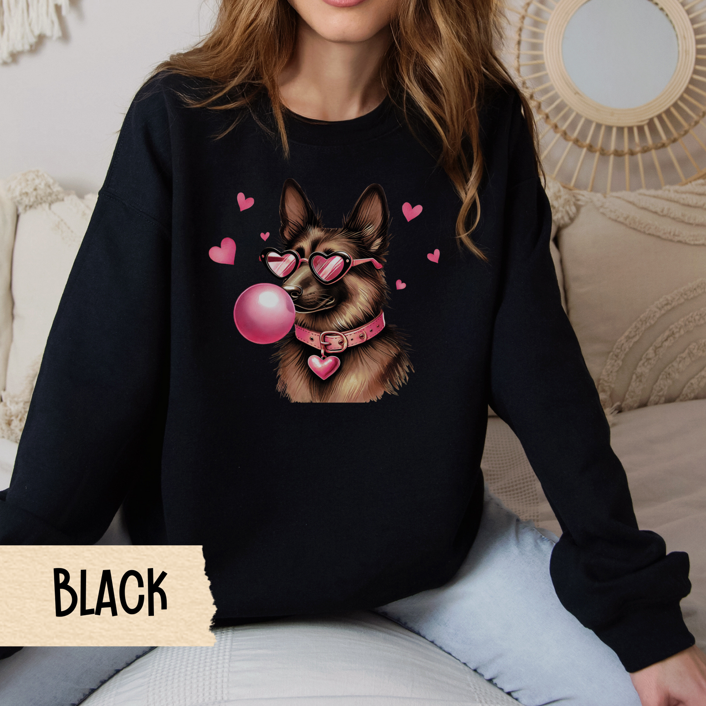 German Shepherd Valentine Sweatshirt, Dog Owner Crewneck, Cute Puppy Lover Gift, Heart Print Pullover, Animal Lover Apparel