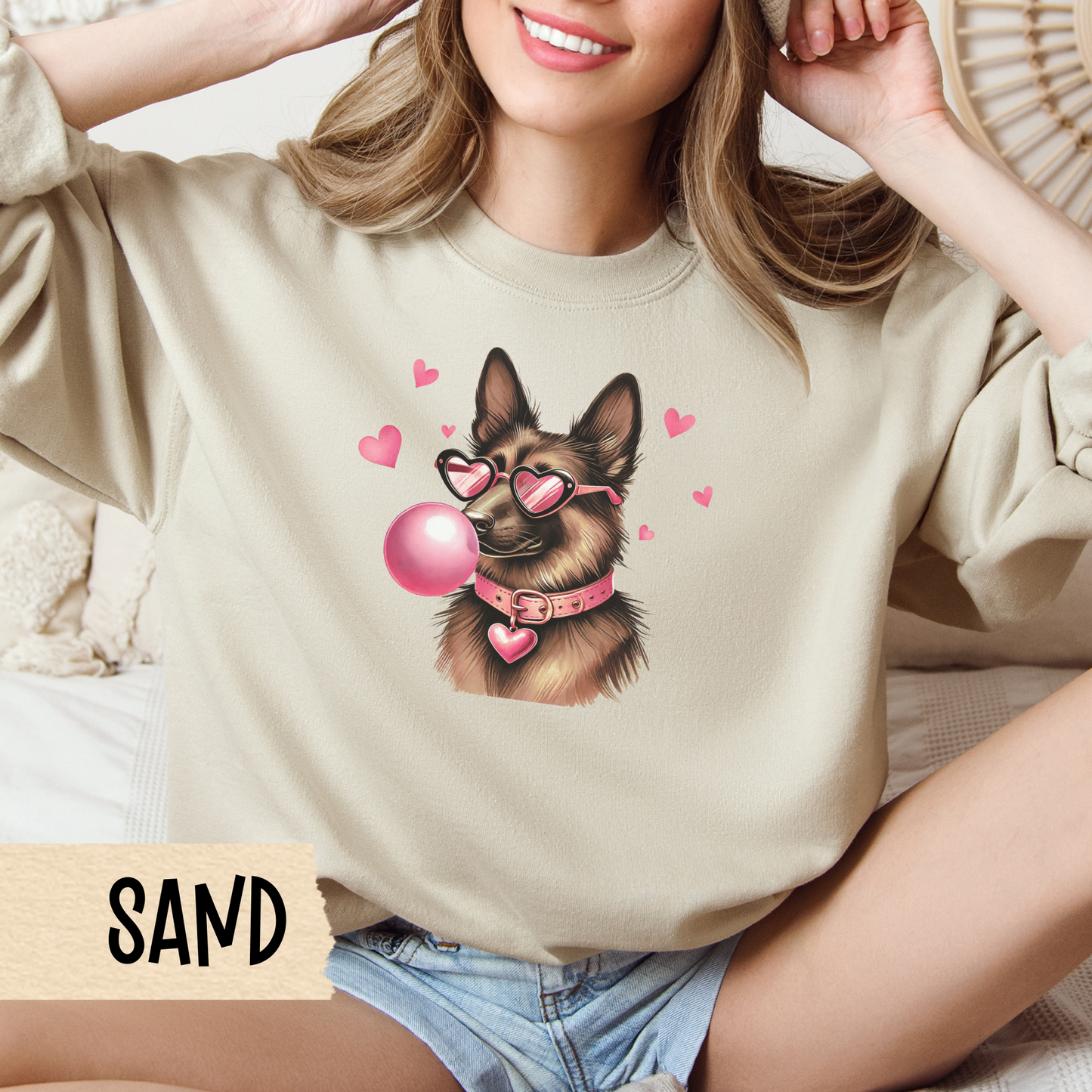 German Shepherd Valentine Sweatshirt, Dog Owner Crewneck, Cute Puppy Lover Gift, Heart Print Pullover, Animal Lover Apparel