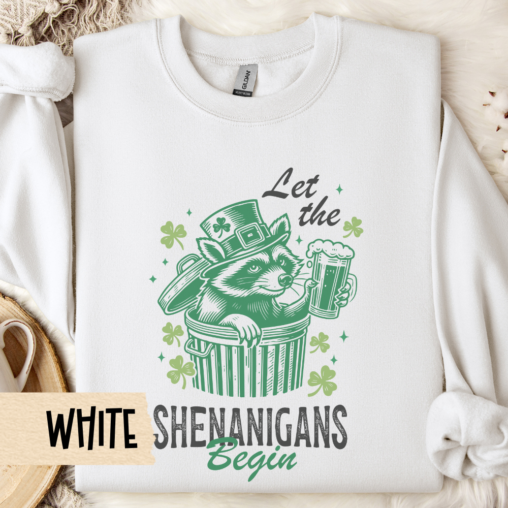 St Patricks Day Crewneck Sweatshirt, Let the Shenanigans Begin, Raccoon Shirt, St Paddys, Unisex Top, Comfy Pullover, Funny Irish Apparel