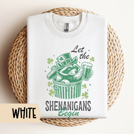 St Patricks Day Crewneck Sweatshirt, Let the Shenanigans Begin, Raccoon Shirt, St Paddys, Unisex Top, Comfy Pullover, Funny Irish Apparel