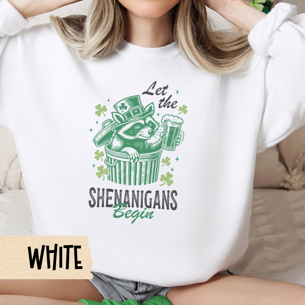 St Patricks Day Crewneck Sweatshirt, Let the Shenanigans Begin, Raccoon Shirt, St Paddys, Unisex Top, Comfy Pullover, Funny Irish Apparel