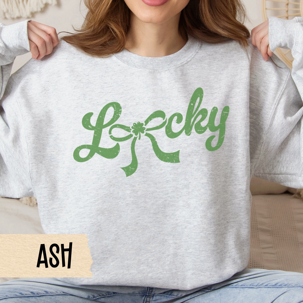 Lucky Sweatshirt, St Pat's Crewneck, Irish, Lucky Bow, Script - Unisex Sweatshirt, St Patrick's Day Top, Shamrock Jumper, Green Pullover,