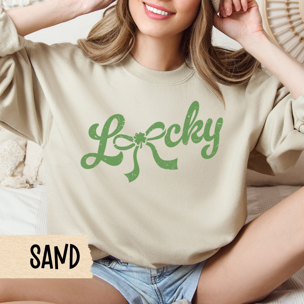 Lucky Sweatshirt, St Pat's Crewneck, Irish, Lucky Bow, Script - Unisex Sweatshirt, St Patrick's Day Top, Shamrock Jumper, Green Pullover,