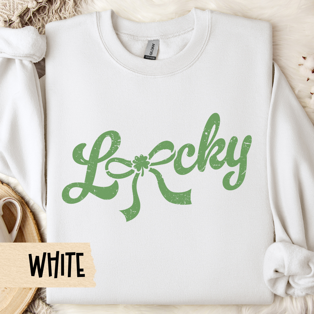Lucky Sweatshirt, St Pat's Crewneck, Irish, Lucky Bow, Script - Unisex Sweatshirt, St Patrick's Day Top, Shamrock Jumper, Green Pullover,