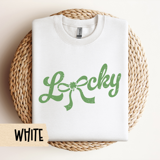 Lucky Sweatshirt, St Pat's Crewneck, Irish, Lucky Bow, Script - Unisex Sweatshirt, St Patrick's Day Top, Shamrock Jumper, Green Pullover,