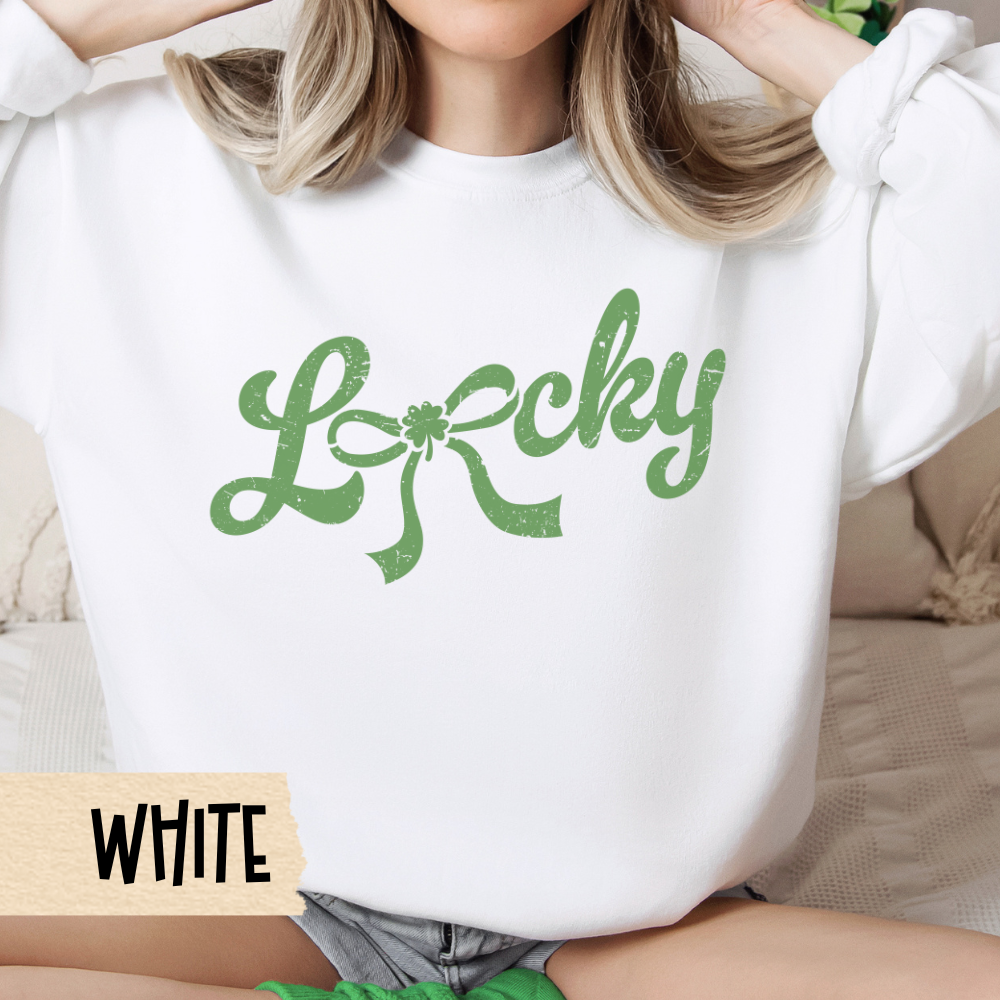 Lucky Sweatshirt, St Pat's Crewneck, Irish, Lucky Bow, Script - Unisex Sweatshirt, St Patrick's Day Top, Shamrock Jumper, Green Pullover,