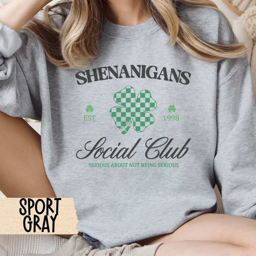 St Patricks Day Crewneck, Shenanigans Social Club, Clover, Irish, Shamrock Sweatshirt, St Pats Gift, Green Sweatshirt, Lucky Shirt