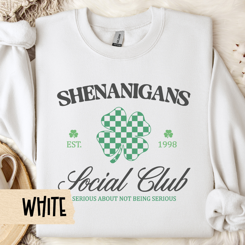 St Patricks Day Crewneck, Shenanigans Social Club, Clover, Irish, Shamrock Sweatshirt, St Pats Gift, Green Sweatshirt, Lucky Shirt