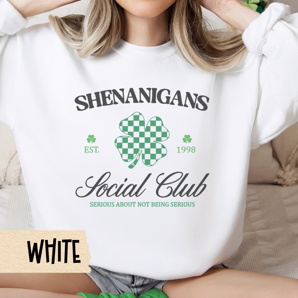 St Patricks Day Crewneck, Shenanigans Social Club, Clover, Irish, Shamrock Sweatshirt, St Pats Gift, Green Sweatshirt, Lucky Shirt