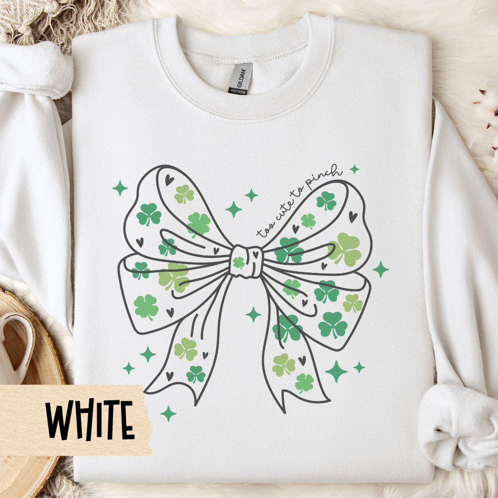 St Patricks Day Sweatshirt, Shamrock Crewneck, St Patrick's Day Apparel, Too Cute to Pinch, Coquette Bow, Unisex Shirt