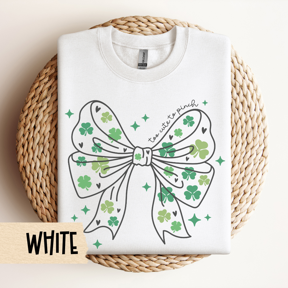 St Patricks Day Sweatshirt, Shamrock Crewneck, St Patrick's Day Apparel, Too Cute to Pinch, Coquette Bow, Unisex Shirt