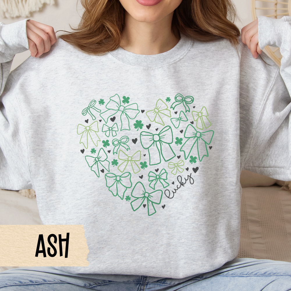St Patricks Crewneck Sweatshirt, St Pattys Top, Shamrocks, Lucky, Bows, St Pats Sweatshirt, St Patricks Party, Lucky Shirt