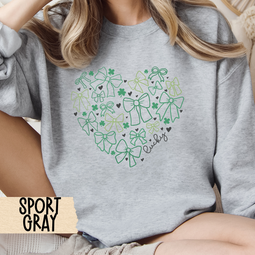St Patricks Crewneck Sweatshirt, St Pattys Top, Shamrocks, Lucky, Bows, St Pats Sweatshirt, St Patricks Party, Lucky Shirt
