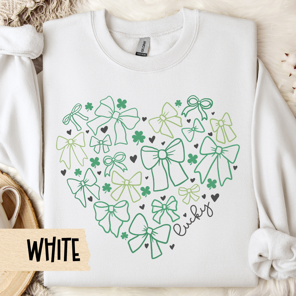 St Patricks Crewneck Sweatshirt, St Pattys Top, Shamrocks, Lucky, Bows, St Pats Sweatshirt, St Patricks Party, Lucky Shirt