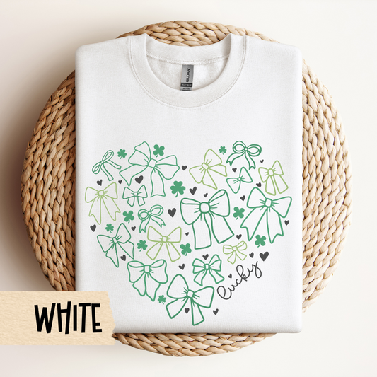 St Patricks Crewneck Sweatshirt, St Pattys Top, Shamrocks, Lucky, Bows, St Pats Sweatshirt, St Patricks Party, Lucky Shirt