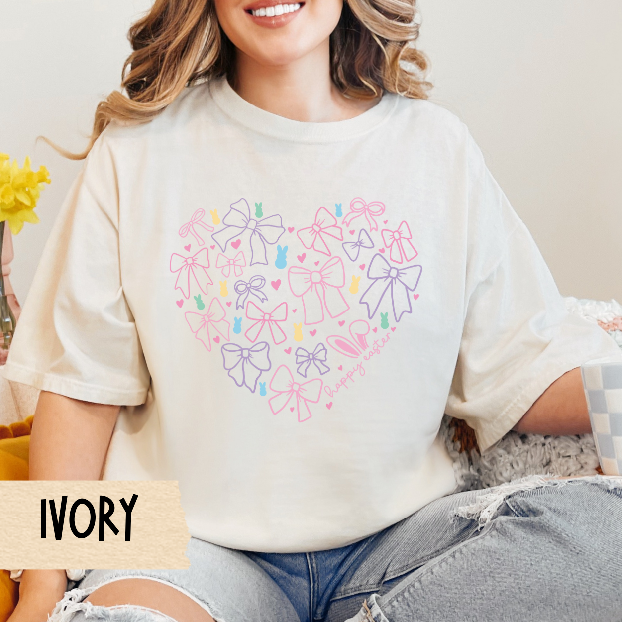 Easter Shirt, Comfort Colors Tee, Coquette Tee, Bows, Hearts, Pastel, Spring Apparel, Gift for Her, Easter T-Shirt