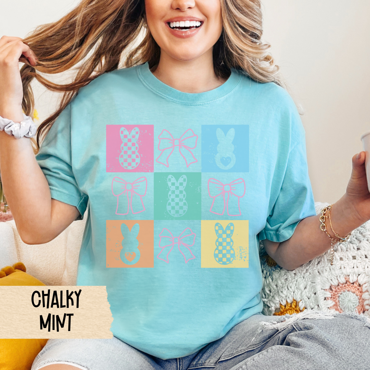 Easter Bunny T-shirt, Easter Bows and Bunnies Tee, Coquette Comfort Colors Shirt, Easter Holiday Gift, Retro Easter Rabbit