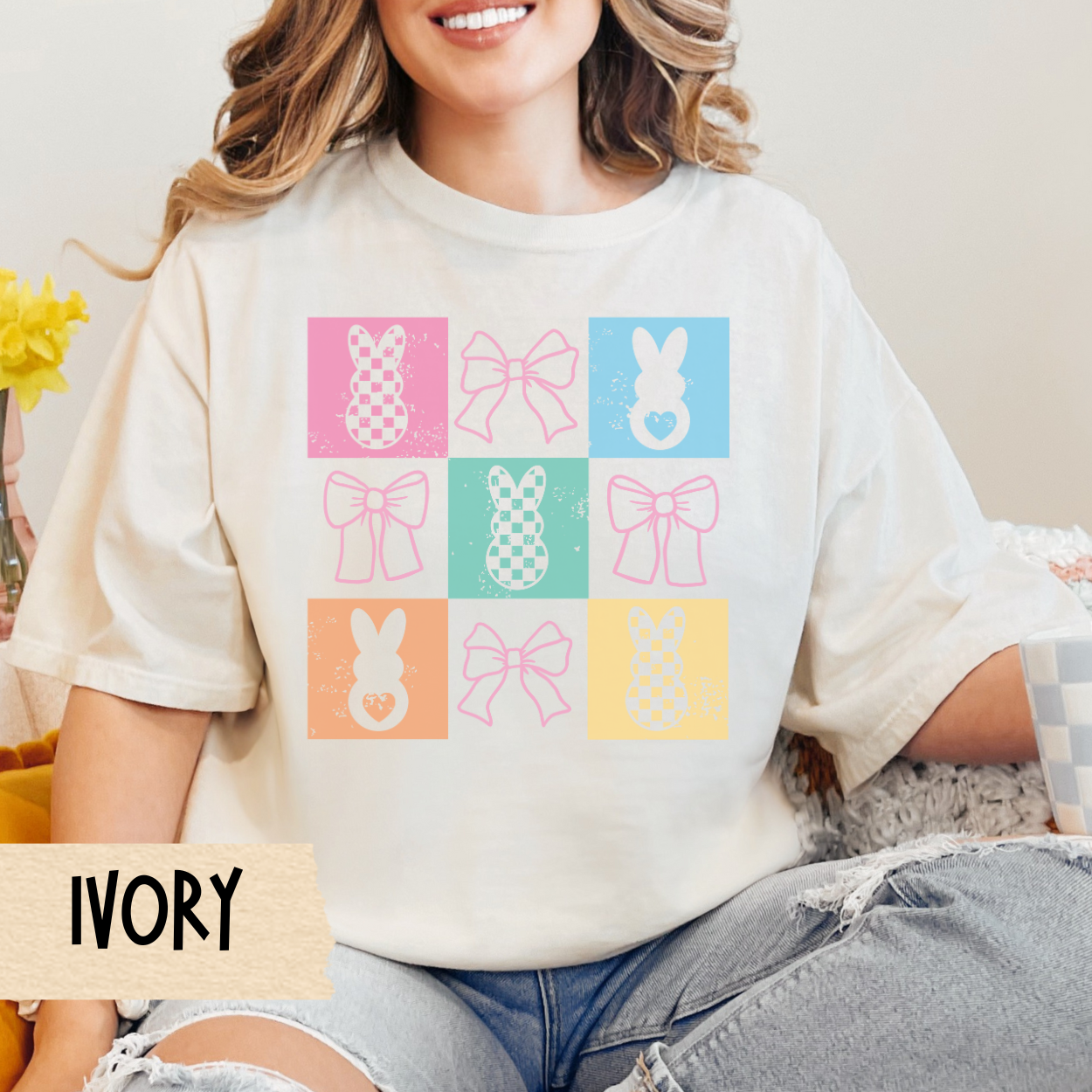 Easter Bunny T-shirt, Easter Bows and Bunnies Tee, Coquette Comfort Colors Shirt, Easter Holiday Gift, Retro Easter Rabbit