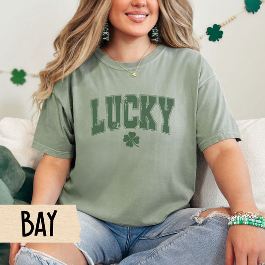 Lucky T-shirt, St Patrick's Day Tee, Comfort Colors, Unisex Varsity Shirt, Oversized, Vintage Look, Party, Green, St Patty's, Day Drinking