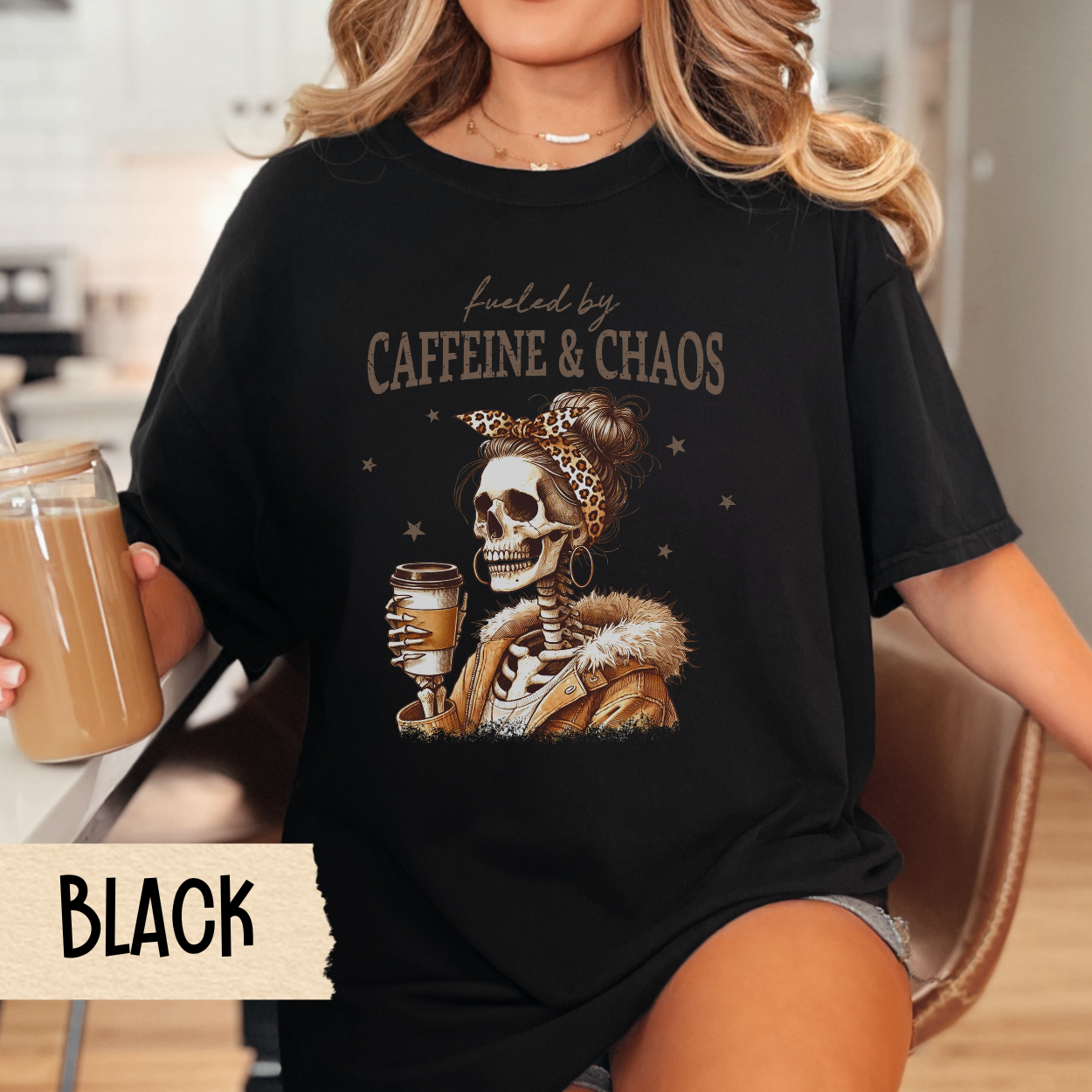 Caffeine & Chaos Unisex T-Shirt | Funny Coffee Lover Tee, Unique Gift for Coffee Addicts, Halloween, Casual Wear, Gift for Her