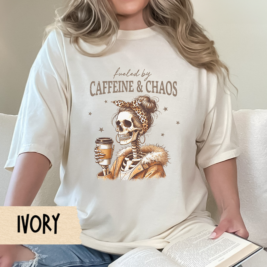 Caffeine & Chaos Unisex T-Shirt | Funny Coffee Lover Tee, Unique Gift for Coffee Addicts, Halloween, Casual Wear, Gift for Her