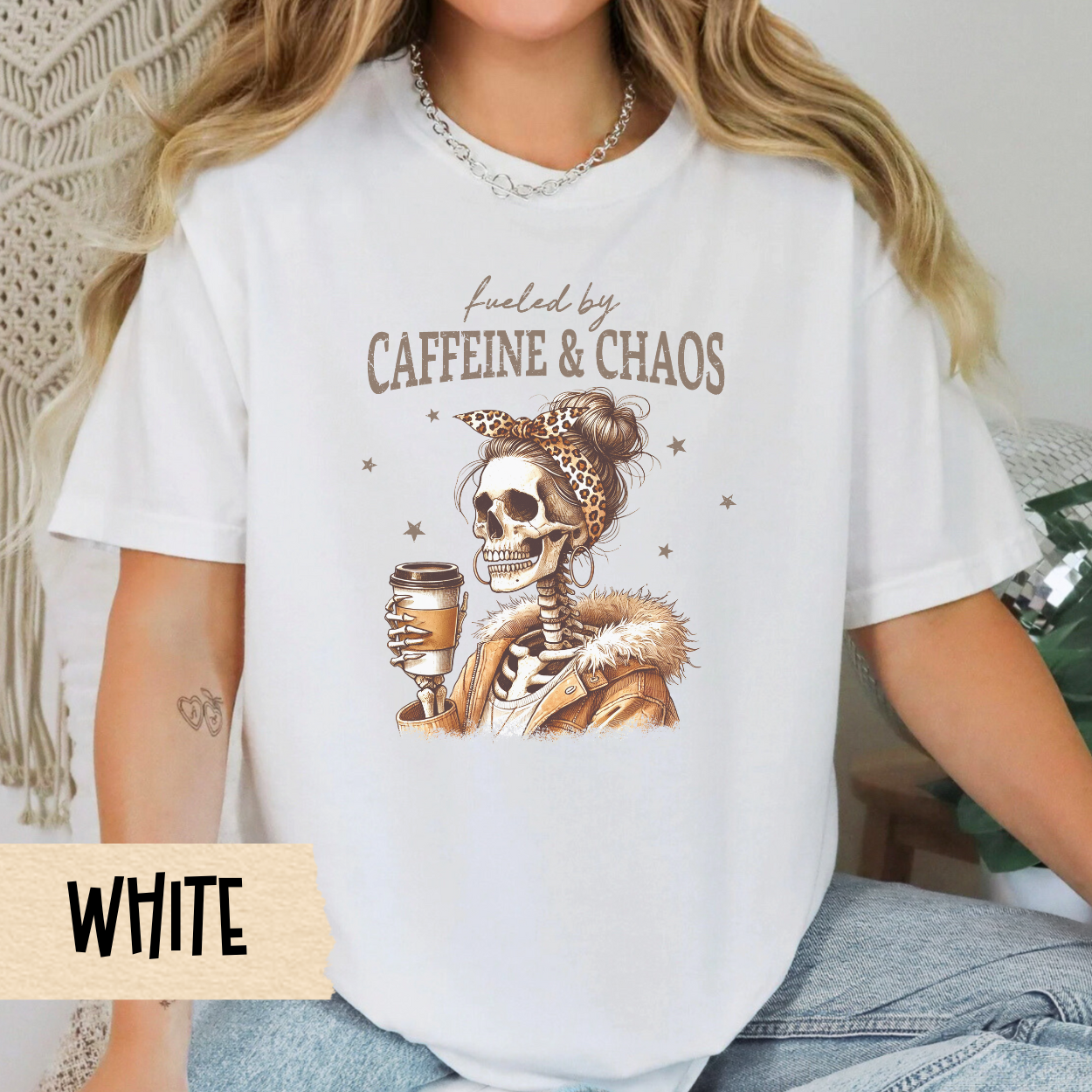 Caffeine & Chaos Unisex T-Shirt | Funny Coffee Lover Tee, Unique Gift for Coffee Addicts, Halloween, Casual Wear, Gift for Her
