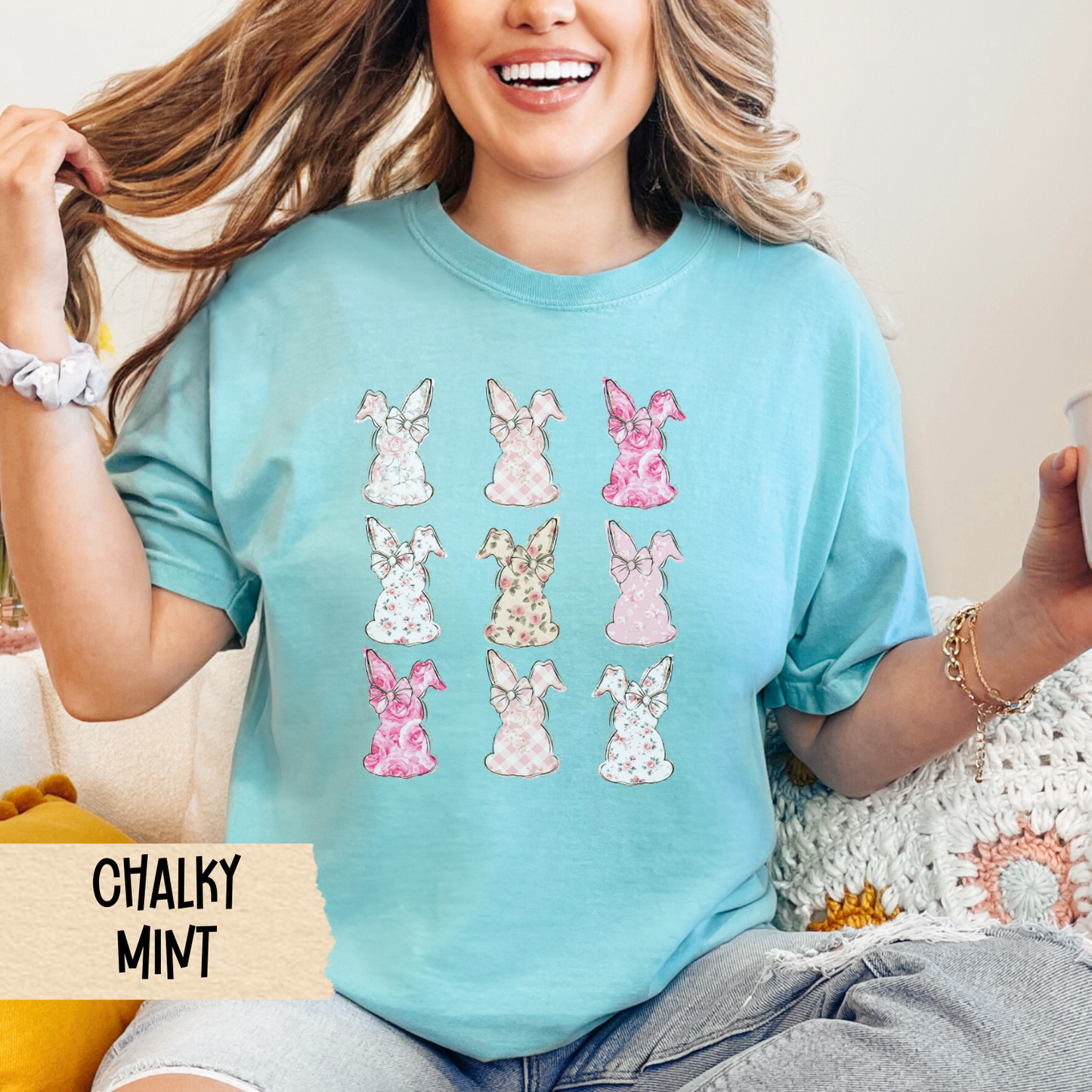 Easter Bunny T-Shirt, Floral Spring Tee, Coquette Easter, Chinoiserie, Unisex Garment-Dyed Comfort Colors Shirt, Easter Tee, Bunny Shirt