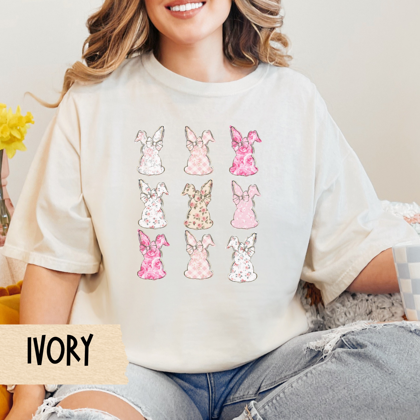 Easter Bunny T-Shirt, Floral Spring Tee, Coquette Easter, Chinoiserie, Unisex Garment-Dyed Comfort Colors Shirt, Easter Tee, Bunny Shirt