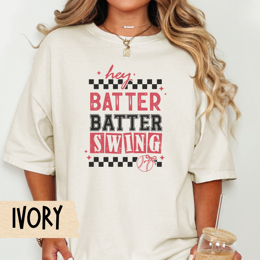 Hey Batter Swing Unisex Garment-Dyed T-Shirt, Perfect for Baseball Lovers, Sports Events, Gifts, Summer Outings, Casual Wear