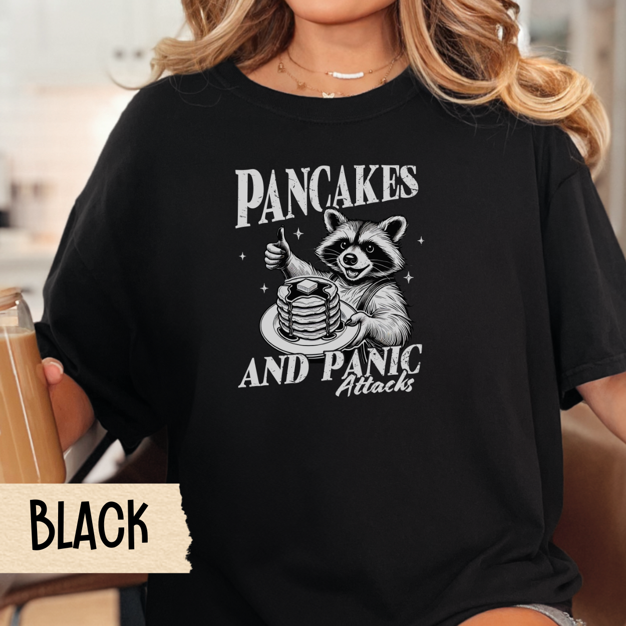 Pancakes and panic attacks t-shirt, funny raccoon shirt, mental health tee, sarcastic tshirt, Comfort Colors graphic tee, anxiety humor