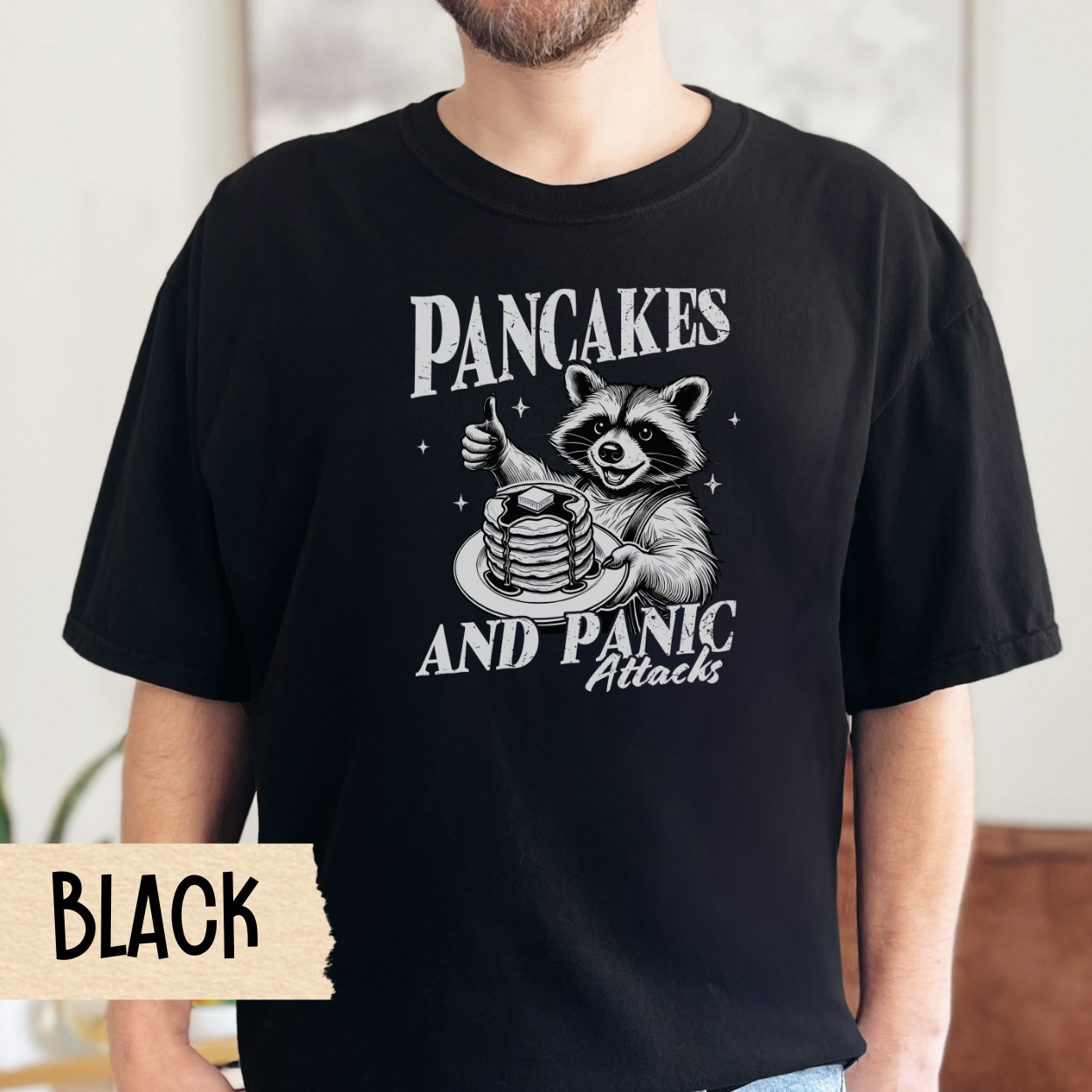 Pancakes and panic attacks t-shirt, funny raccoon shirt, mental health tee, sarcastic tshirt, Comfort Colors graphic tee, anxiety humor