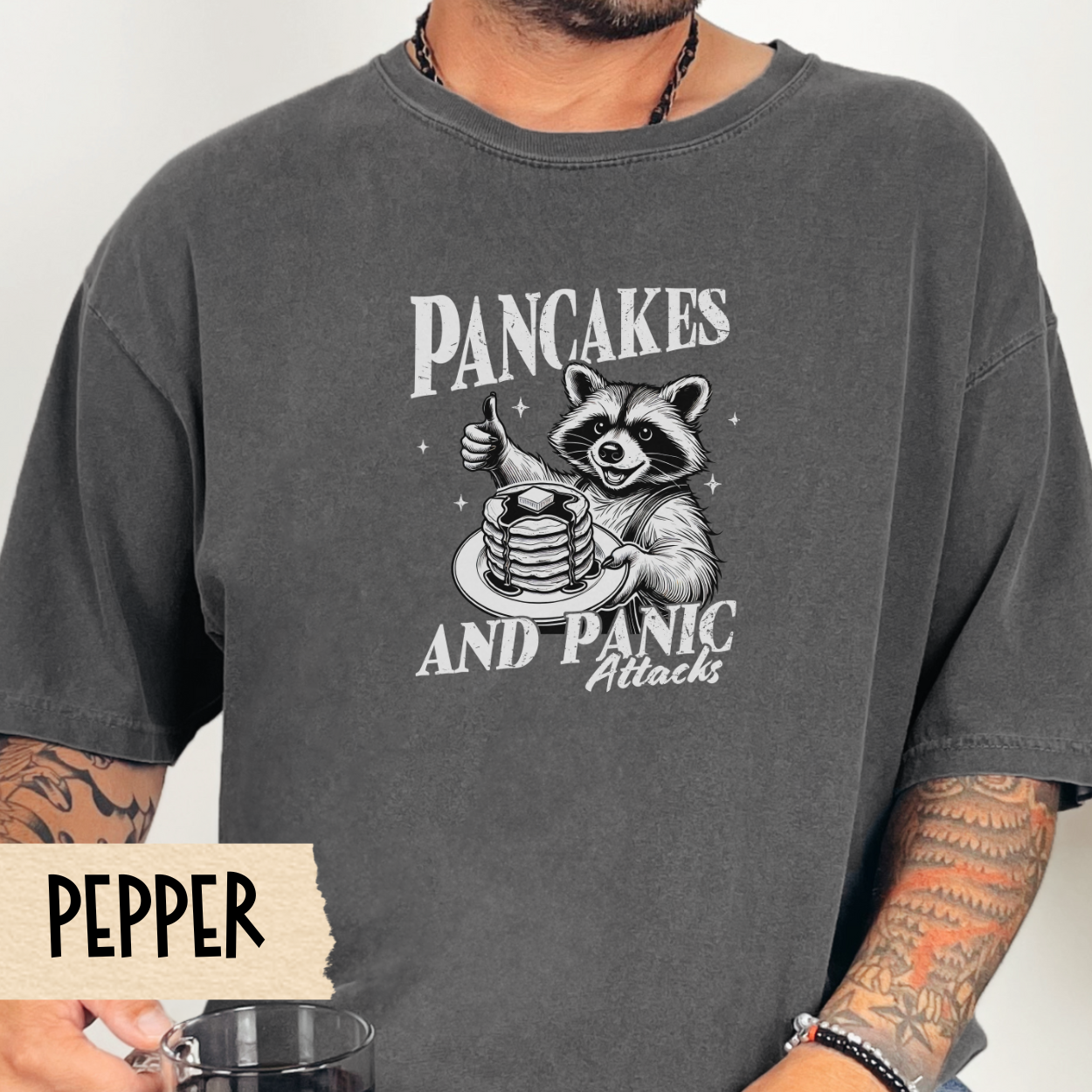 Pancakes and panic attacks t-shirt, funny raccoon shirt, mental health tee, sarcastic tshirt, Comfort Colors graphic tee, anxiety humor